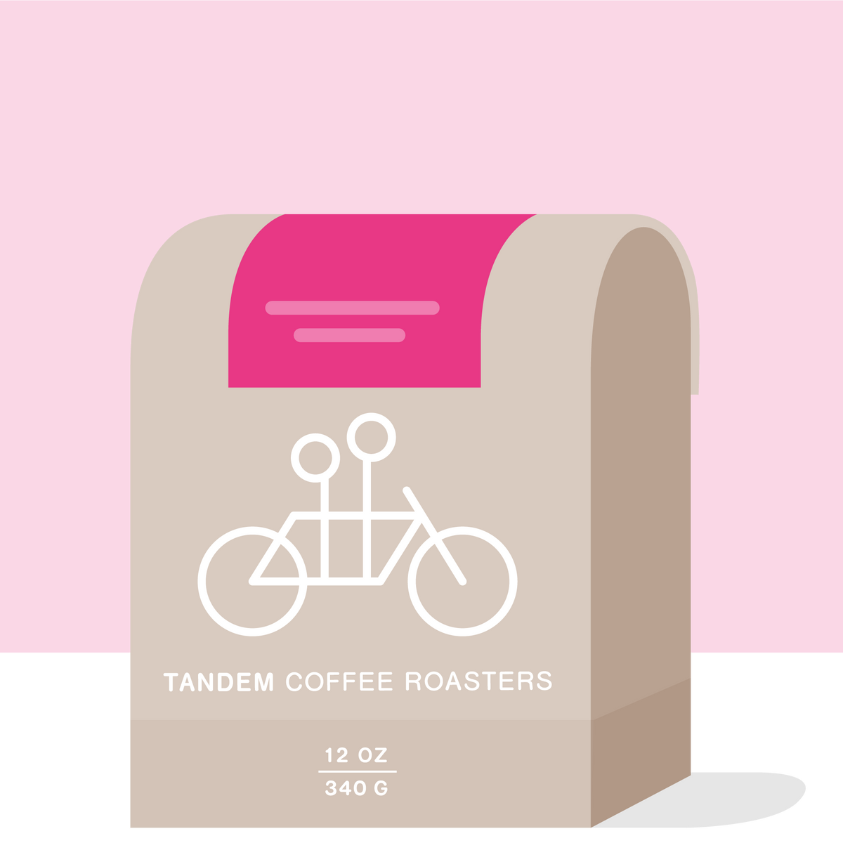 A beige 12 oz (340 g) coffee bag from Tandem Coffee Roasters, labeled “Kambarare - Kenya,” features a white tandem bicycle graphic and a distinctive pink accent at the top. Showcasing exceptional quality, this microlot coffee is crafted from prized SL-28 beans sourced from Kenya’s Kambarare farm. The packaging stands out against a pink and white background.