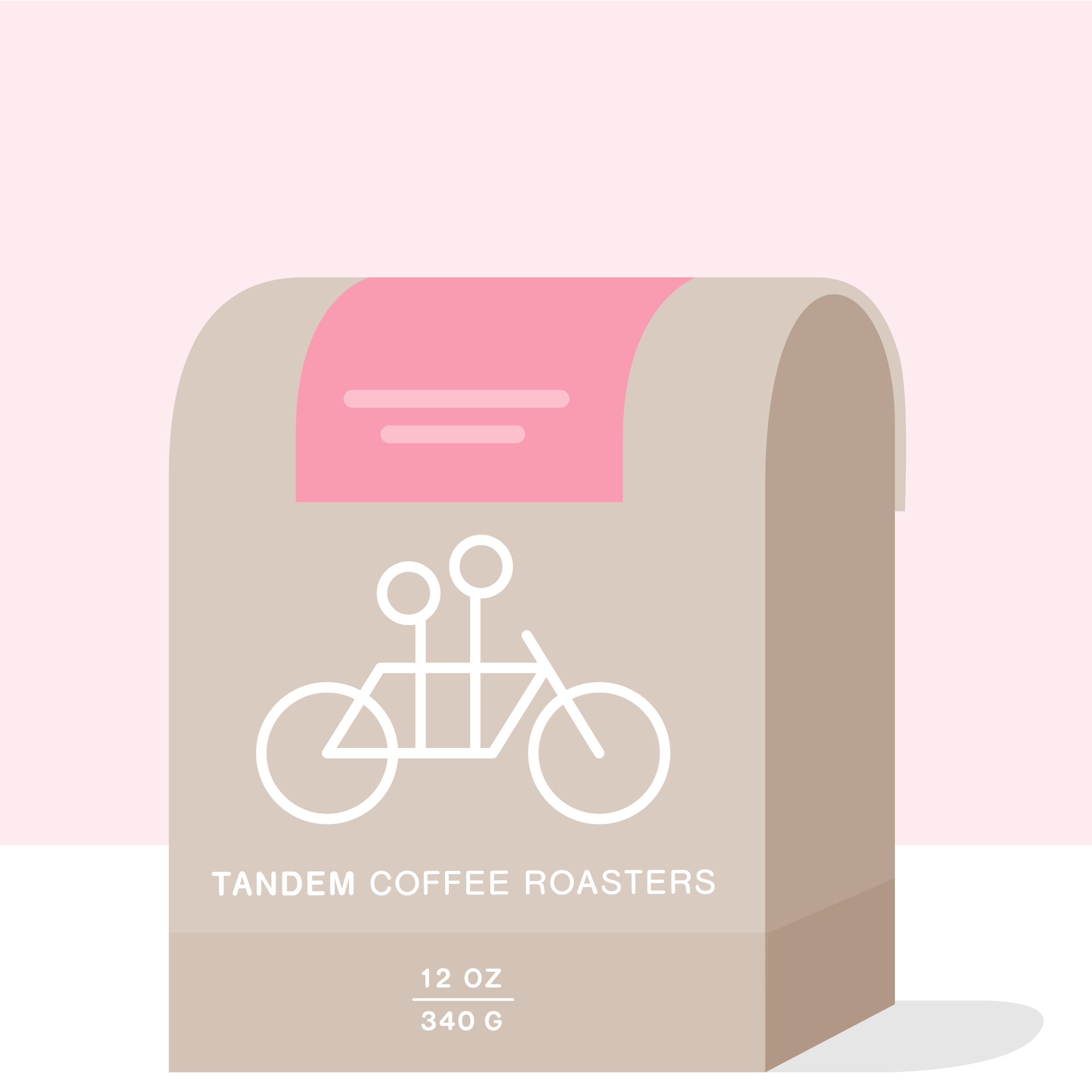 A beige 12 oz (340 g) coffee bag from Tandem Coffee Roasters, featuring their “Kivanga - Kenya” premium Kenyan coffee. The packaging has a light pink and white background with a pink label, adorned with a white outline of a tandem bicycle and the text “Tandem Coffee Roasters.” This coffee highlights celebrated SL varieties from Kivanga Estate.