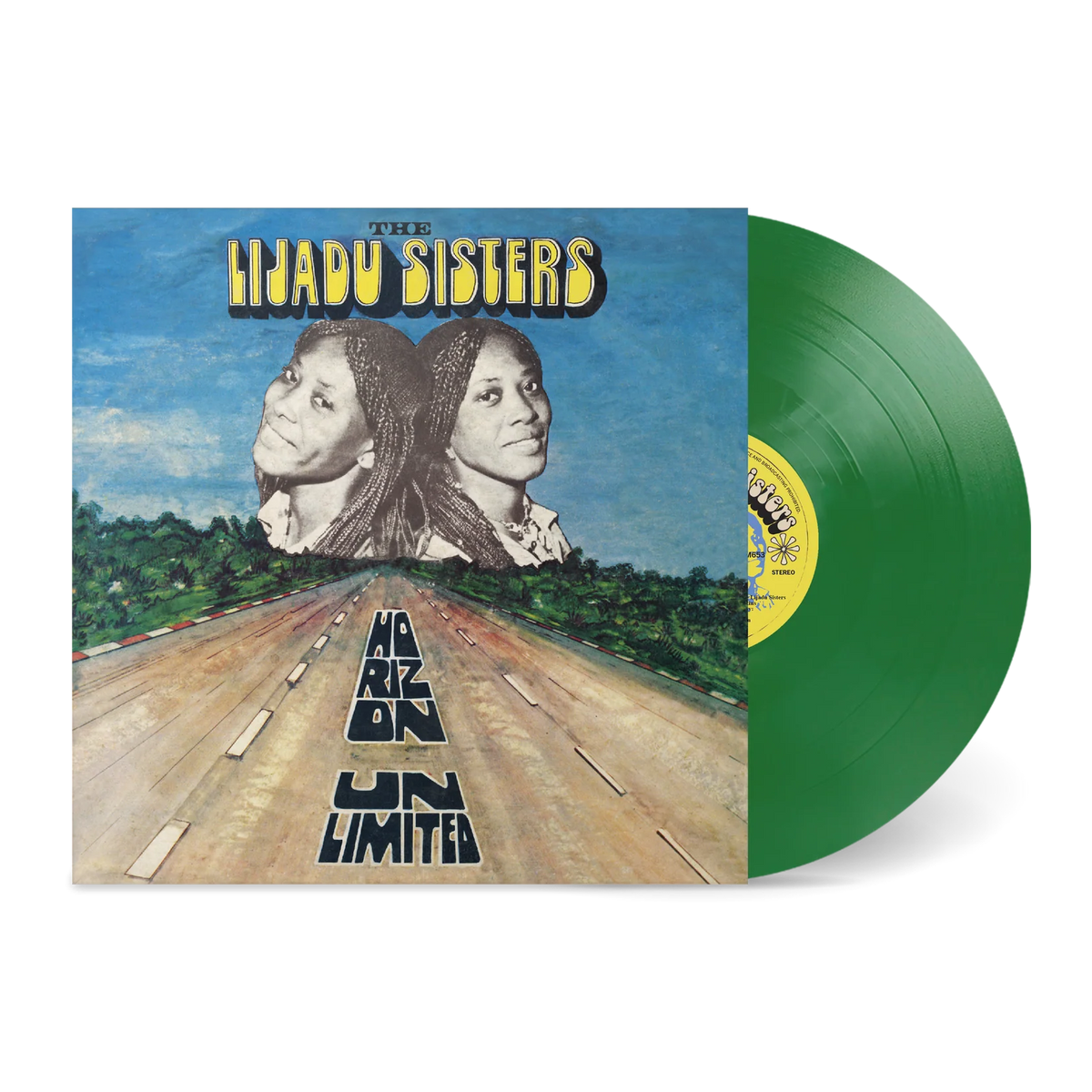 Album cover for Lijadu Sisters - Horizon Unlimited, by Tandem Coffee Roasters, shows the sisters’ faces above a stretching road and green vinyl peeking out on the right.