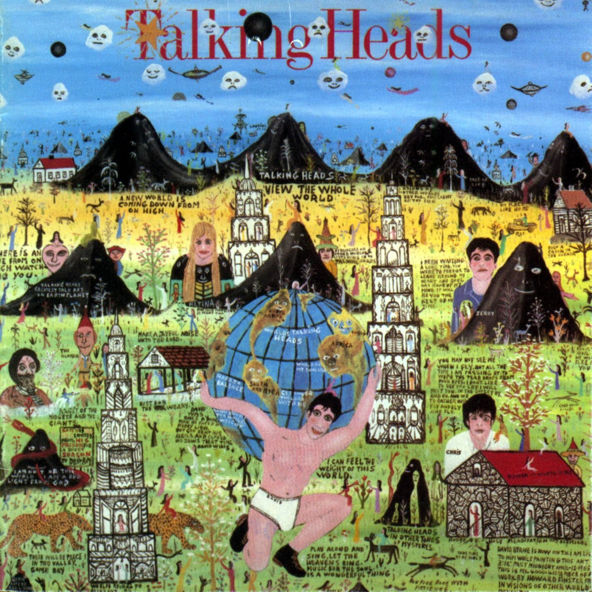 The Tandem Coffee Roasters "Talking Heads - Little Creatures" features a colorful, folk-art style label with illustrated figures, animals, and buildings—evoking the album's vibrant, imaginative vibe.