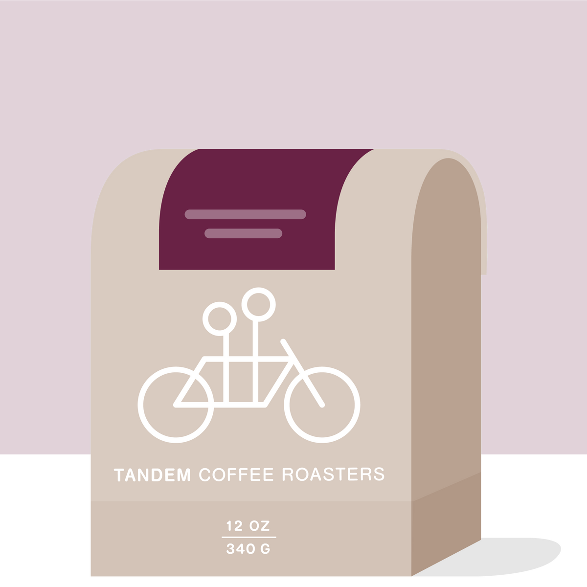 Oneska - Kenya coffee bag by Tandem Coffee Roasters featuring a tandem bicycle illustration, labeled with the brand name, weight, and size for this double fermentation Kenyan coffee.
