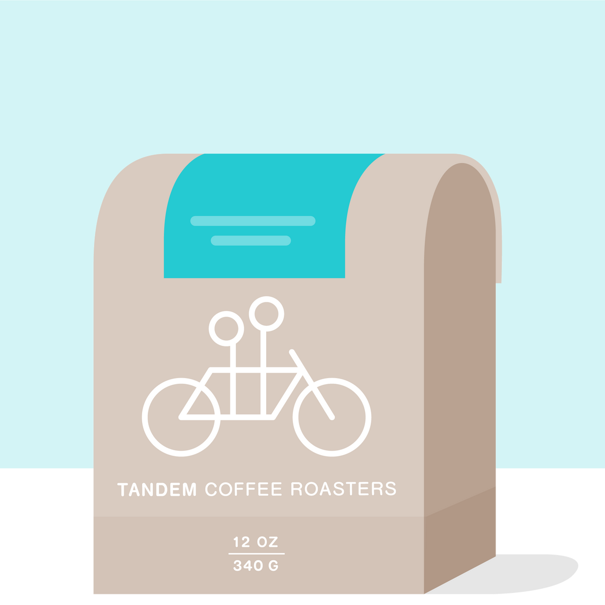 A flat design illustration of a beige La Piramide - Colombia coffee bag with the logo of "Tandem Coffee Roasters" and an image of a tandem bicycle, against a turquoise background.